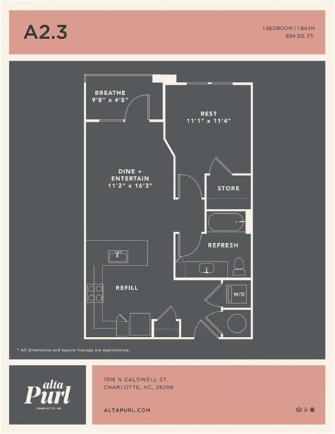 Floor plan for 1 bed, 1 bath, 694 sqft